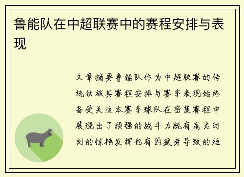 鲁能队在中超联赛中的赛程安排与表现