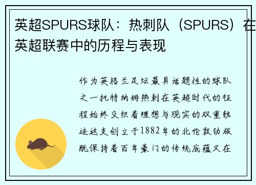 英超SPURS球队：热刺队（SPURS）在英超联赛中的历程与表现