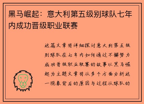 黑马崛起：意大利第五级别球队七年内成功晋级职业联赛