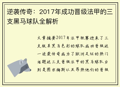 逆袭传奇：2017年成功晋级法甲的三支黑马球队全解析