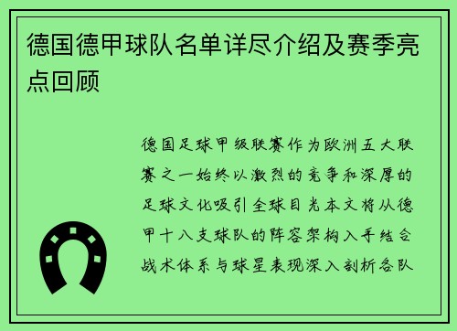 德国德甲球队名单详尽介绍及赛季亮点回顾